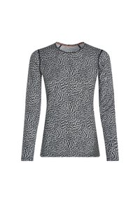 Long-sleeve shirt in navy and white, featuring a swirling leaf pattern. Made of lightweight fabric with a round neckline and fitted design.