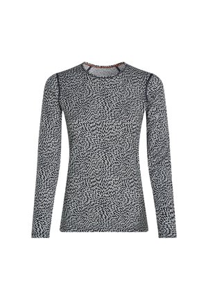 Camicia a maniche lunghe in navy e bianco, caratterizzata da un motivo a foglie vorticoso. Realizzata in tessuto leggero con scollatura rotonda e design aderente.