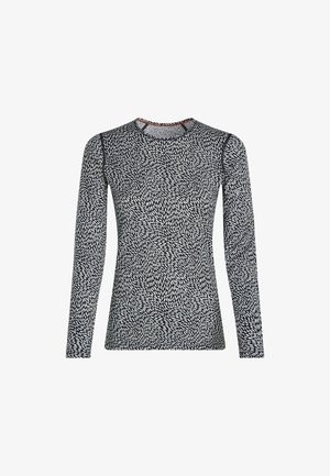 Chemise à manches longues en bleu marine et blanc, ornée d'un motif de feuilles tourbillonnantes. Fabriquée en tissu léger, avec un col rond et une coupe ajustée.