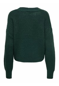 Maglione verde chunky lavorato a maglia con taglio cropped, texture a coste larghe, spalle scese e colletto girocollo classico.