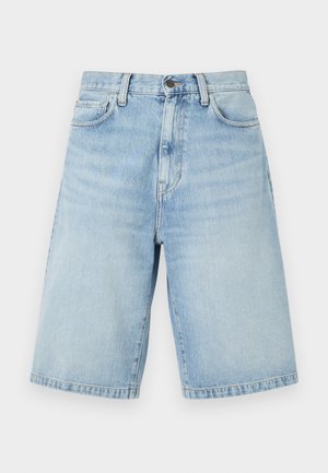 Svetlomodré rifľové šortky dĺžky po kolená s prednými vreckami, pásikovými očkami a zapínaním na gombík.