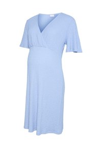 Svetlomodré tehotenské šaty s textúrou, krátkymi rukávmi a výstrihom do V v tvare zavinovacích šiat.