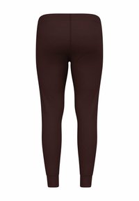 Brown, fitted leggings made of stretchy fabric, featuring a smooth texture, slim design, and ankle cuffs. No visible seams or patterns.