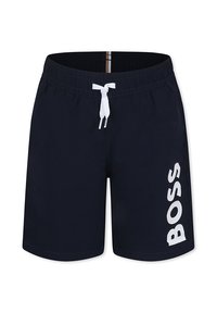 Shorts de bain bleu marine avec un logo "BOSS" blanc. Ils disposent d'une taille élastique avec cordon de serrage extérieur et sont fabriqués en tissu lisse et léger.