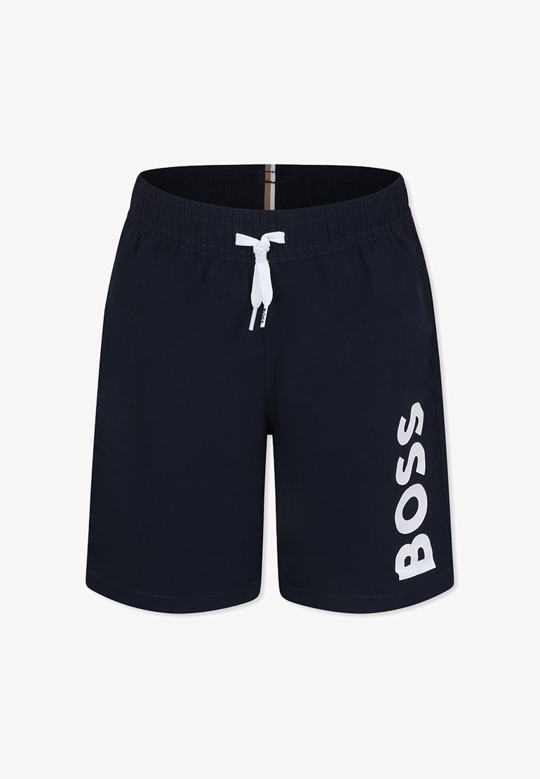 Marine zwemshorts met een wit "BOSS" logo. Voorzien van een elastische tailleband met een buitenste trekkoord en van glad, lichtgewicht materiaal.