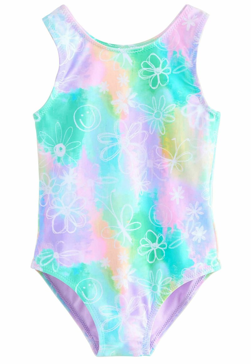 Einteiliger Badeanzug mit pastellfarbenem Batikmuster in Grün, Pink und Blau; mit Blumen- und Smiley-Gesichtsdesigns; glattes, dehnbares Material.