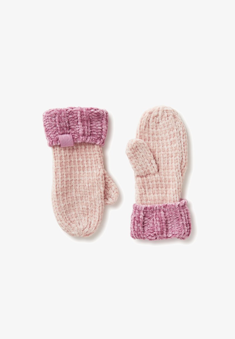 Gestrickte Fäustlinge in Hellrosa mit einer strukturierten Oberfläche. Umgeschlagene Bündchen in einem dunkleren Rosa, mit einem kleinen Etikett auf einem Fäustling.