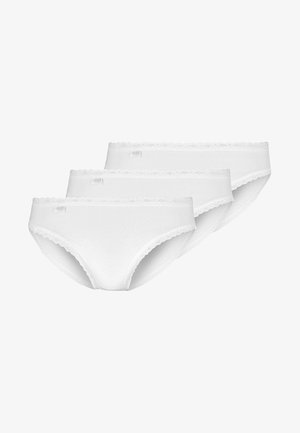 Three pairs of white cotton briefs feature lace trim along the waistband and smooth, stretchy fabric for comfort.