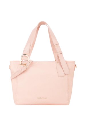 Sac à main Valentino rose clair avec bandoulière réglable et détails de boucle couleur or sur fond blanc.