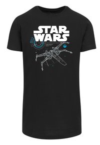 Svart t-skjorte med et hvitt og blått grafisk bilde av en X-wing starfighter, sammen med "STAR WARS" tekst og tekniske detaljer.