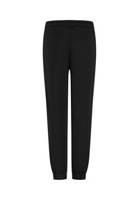 Zwarte sweatpants van zachte stof, met een elastische tailleband, taps toelopend ontwerp bij de benen en strakke boorden bij de enkels. Geen zichtbare zakken.