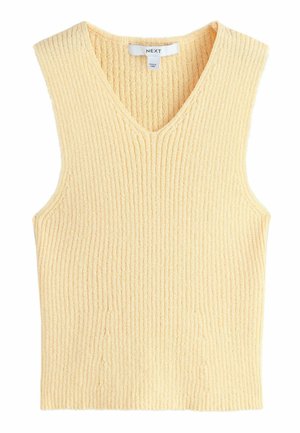 Ärmellose, gerippte Strickweste in blassgelb mit V-Ausschnitt und einem "NEXT" Markenetikett im Kragen.