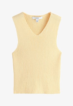 Ärmellose, gerippte Strickweste in blassgelb mit V-Ausschnitt und einem "NEXT" Markenetikett im Kragen.