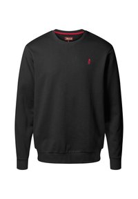 Zwarte sweatshirt met lange mouwen, geribbelde hals en manchetten. Bevat een klein rood geborduurd logo op de borst. Zachte stoftextuur.
