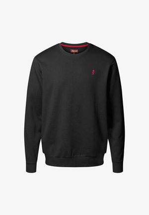 Črna dolga majica s kapuco, z dolgimi rokavi, rebrastim ovratnikom in manšeti. Ima mar nežen rdeč vezen logotip na prsih. Mehka tekstura tkanine.