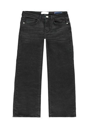 Zwarte denim wijde broek met een hoge taille, vijf zakken, zilverkleurige hardware en een licht vervaagde structuur.