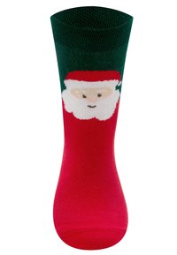 Knit sock featuring a green cuff and a red body adorned with a Santa Claus face, showcasing white beard and rosy cheeks.