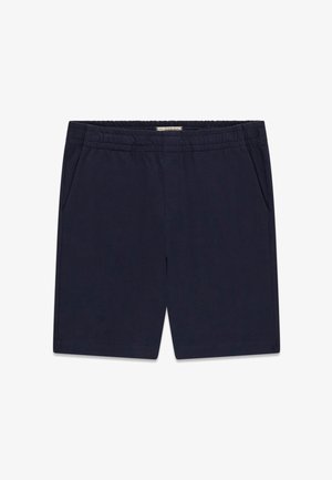 Shorts décontractés bleu marine avec taille élastique et poches latérales, longueur genou, en tissu léger.