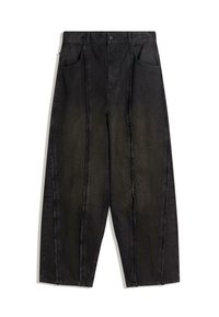 Black wide-leg denim pants with visible seams and frayed edges, featuring two front pockets and a high-waisted design.