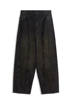 Black wide-leg denim pants with visible seams and frayed edges, featuring two front pockets and a high-waisted design.