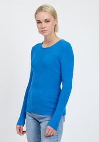 Maglione a maniche lunghe blu brillante con scollo rotondo. Caratterizzato da un design aderente e maniche lunghe. Indossato con jeans blu chiaro.