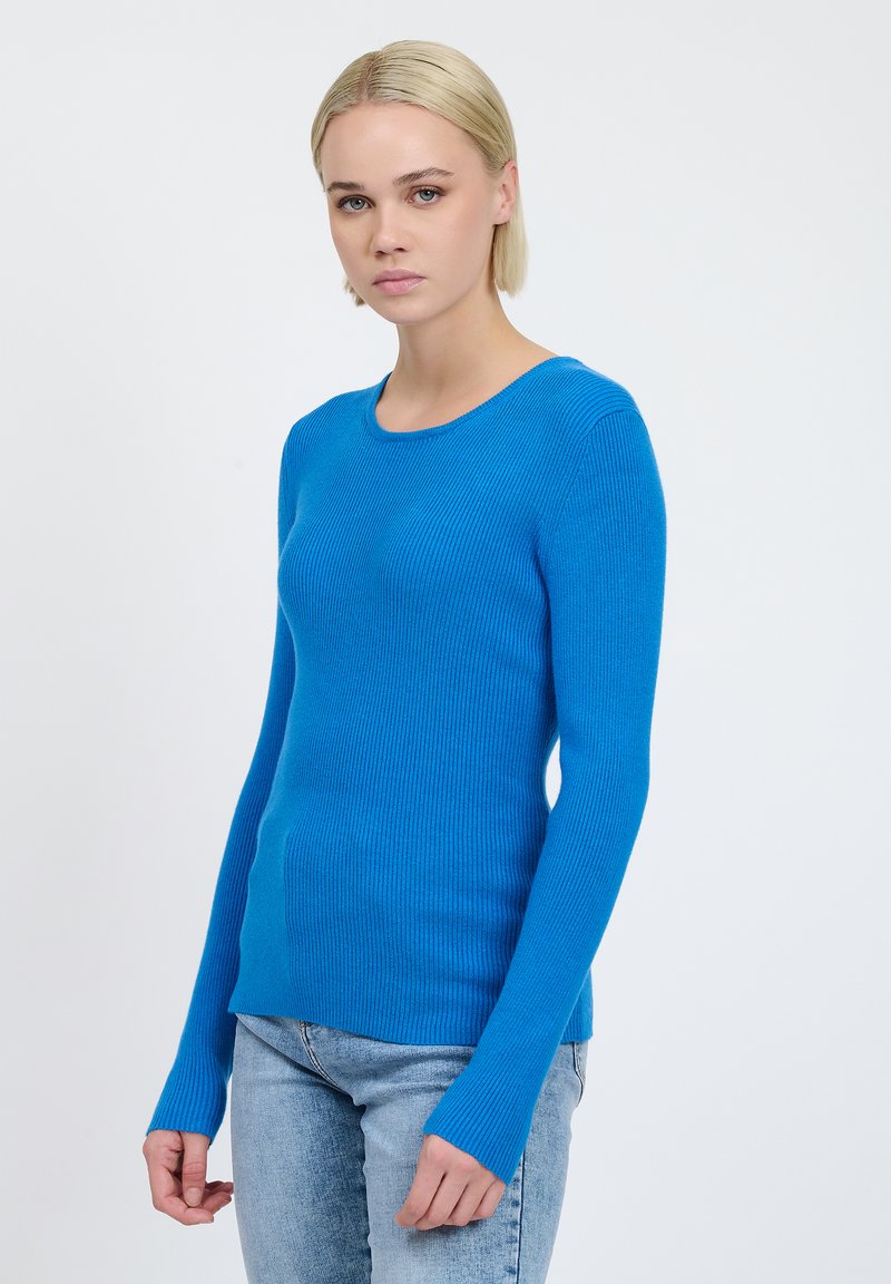 Maglione a maniche lunghe blu brillante con scollo rotondo. Caratterizzato da un design aderente e maniche lunghe. Indossato con jeans blu chiaro.