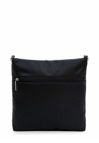 Borsa a tracolla nera in nylon con superficie testurizzata, tasca frontale con zip e cinturino regolabile. Design rettangolare compatto.