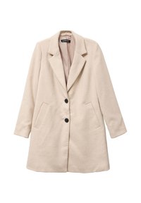 Manteau en mélange de laine beige avec un col cranté, deux poches latérales et deux boutons noirs. Conçu avec une coupe droite et des manches longues.