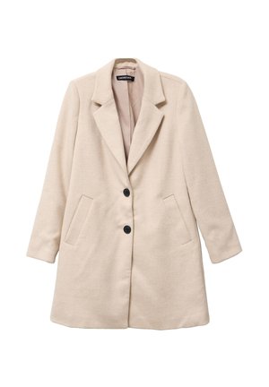 Beige Wollmischungsjacke mit einem Reverskragen, zwei seitlichen Taschen und zwei schwarzen Knöpfen. Entworfen mit einem geraden Schnitt und langen Ärmeln.