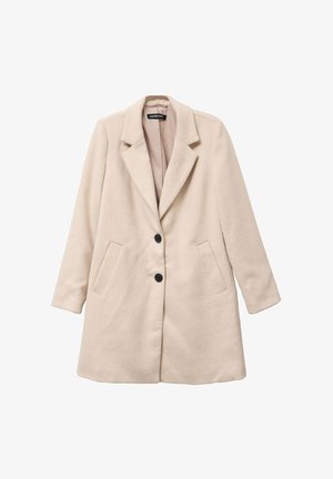 Beżowy płaszcz z wełny z klapami, dwoma kieszeniami po bokach i dwoma czarnymi guzikami. Zaprojektowany w prostym kroju i z długimi rękawami.