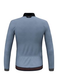 Lange mouw shirt in lichtblauw, met een gestructureerde stof, zwarte kraag, gaasaccenten aan de zoom en een subtiele logodetail.