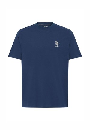 Mornarsko modra bombažna majica s krožnim izrezom, kratkimi rokavi in majhnim belim logotipom na levem prsnem delu. Gladka tekstura.