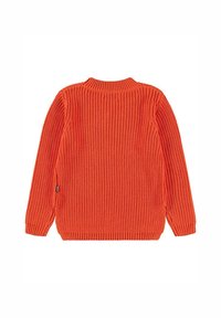 Oranssi neulepaita, jossa on ribbitekstuuri, pyöreä kaula-aukko ja pitkät hihat. Sisältää suoran helman ja sivulaput.