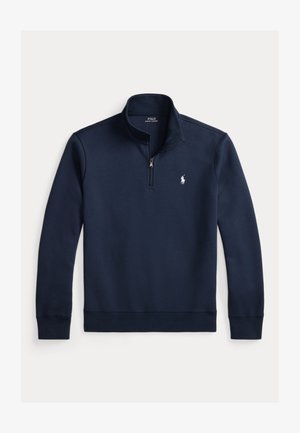 Navy blue fleece quarter-zip sweatshirt. Features a ribbed collar and cuffs. Includes a small white logo on the left chest. Soft texture.