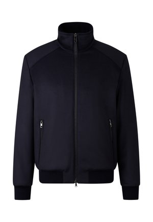 Marineblauwe zip-up jas met hoge kraag, twee ritszakken aan de zijkanten, ribbelboorden en een ribbelband.