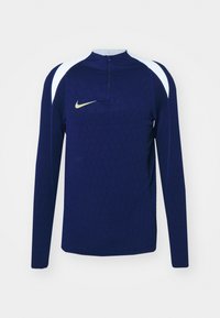 Navy long-sleeve athletic top with hexagonal texture, zip collar, and white shoulder accents. Features a small yellow Nike logo on the chest.