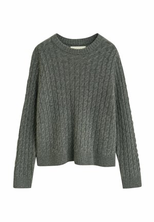 Grauer Strickpullover mit Kabelmuster, ausgestattet mit einem Rundhalsausschnitt sowie gerippten Bündchen und Saum. Weicher Stoff und entspannte Passform.
