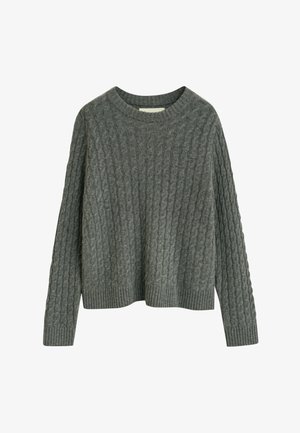 Grijze gebreide trui met een kabelpatroon, voorzien van een ronde hals en geribde manchetten en onderkant. Zachte textuur en een relaxte pasvorm.