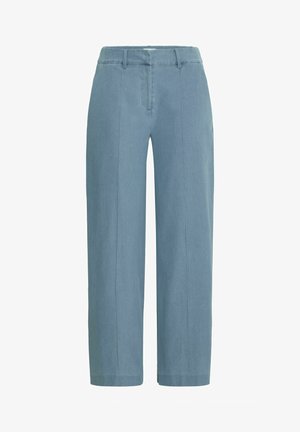 Light blue, high-waisted pants with a wide-leg design. Made from a smooth fabric, featuring front and back creases for added structure.