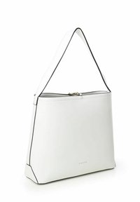 Borsa a tracolla in pelle bianca con una forma strutturata, bordi neri e chiusura con zip superiore. Presenta una singola tracolla. Branding minimale visibile.