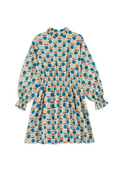 Vestito a fantasia con uno sfondo azzurro chiaro, caratterizzato da forme circolari e quadrate in colori vivaci, vita arricciata e polsini con volant.