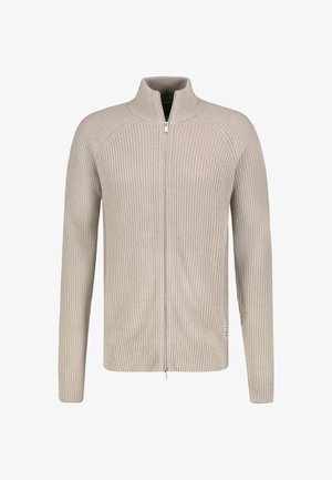 Beige Strickjacke mit hohem Kragen, durchgehendem Reißverschluss, gerippter Textur und langen Ärmeln. Verfügt über ein dezentes Logo am Saum.