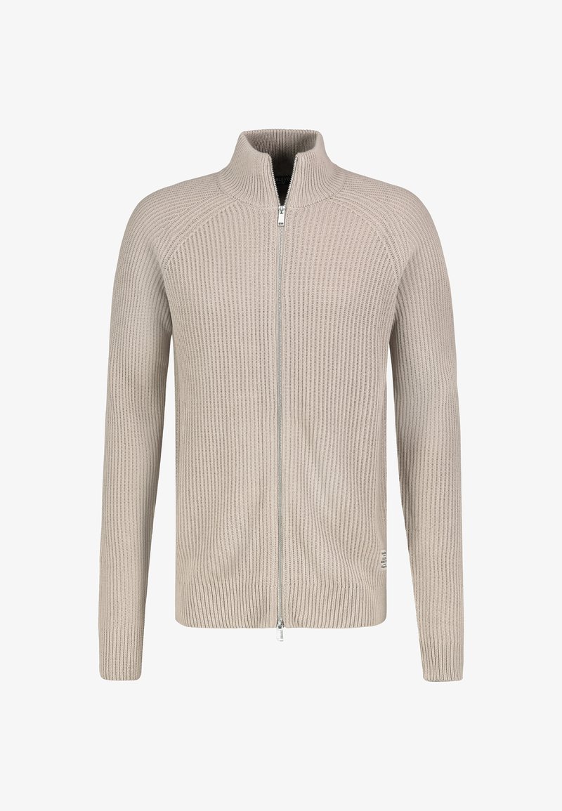 Beige Strickjacke mit hohem Kragen, durchgehendem Reißverschluss, gerippter Textur und langen Ärmeln. Verfügt über ein dezentes Logo am Saum.