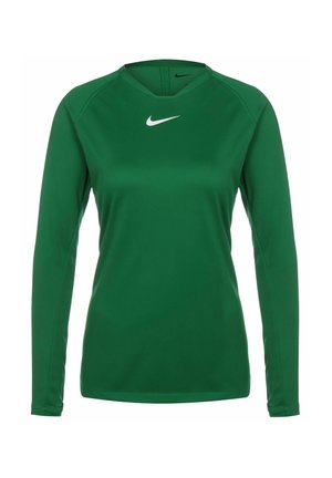 Grünes, langärmliges Sportoberteil aus glattem Stoff. Verfügt über einen Rundhalsausschnitt und das weiße Nike-Logo auf der Brust. Einfaches, tailliertes Design.