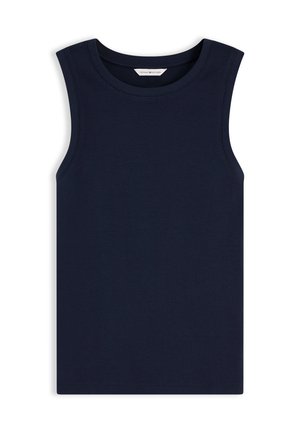 Μπλε ναυτικό αμάνικο τοπ με στρογγυλή λαιμόκοψη και ορατή ετικέτα Tommy Hilfiger στο εσωτερικό του γιακά, τοποθετημένο επίπεδα σε λευκό φόντο.