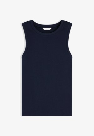 Μπλε ναυτικό αμάνικο τοπ με στρογγυλή λαιμόκοψη και ορατή ετικέτα Tommy Hilfiger στο εσωτερικό του γιακά, τοποθετημένο επίπεδα σε λευκό φόντο.