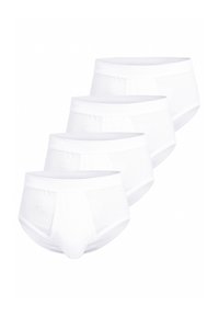 White cotton briefs in a pack of four, featuring a smooth texture, elastic waistband, and no visible patterns or designs.