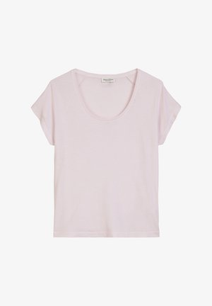 Helles pinkes T-Shirt aus weichem Stoff. Hat einen runden Halsausschnitt und kurze Ärmel. Schlichte Gestaltung mit lässigem Schnitt.