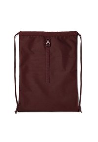 Maroon drawstring backpack made of durable fabric, featuring a central strap with buckle, and textured surface for grip.