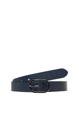 Dark blue leather belt with an oval black metal buckle, laid flat on a white background.